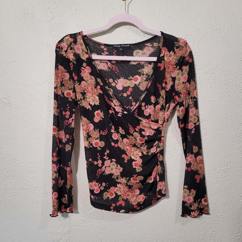 Pink and Black Ruched Long Sleeve Blouse Y2K